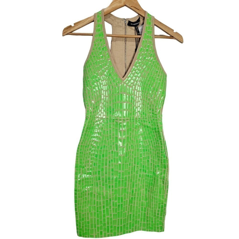 BCBGMaxAzria Dress Womens XXS Small Bright Green Mini BodyCon Halter Dress
